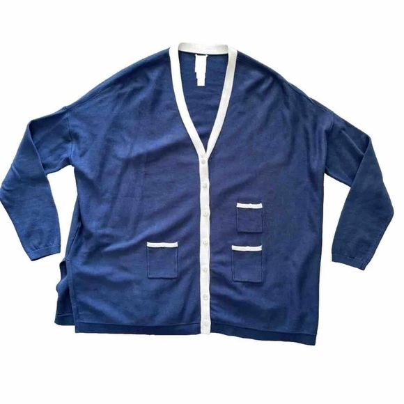 Wynne Layers XS Cardigan Blue White Button Front Sweater 100% Cotton Oversized - Picture 10 of 11